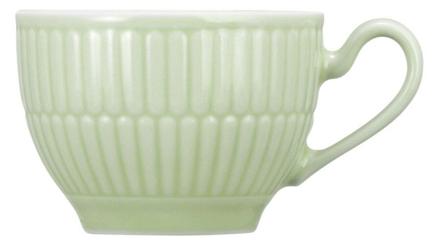 Grüne Espressotasse mit geriffeltem Design, seitliche Perspektive