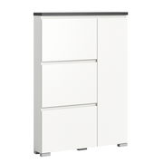 Moderner weißer Schuhschrank mit drei Schubladen und einer Tür, seitliche Perspektive