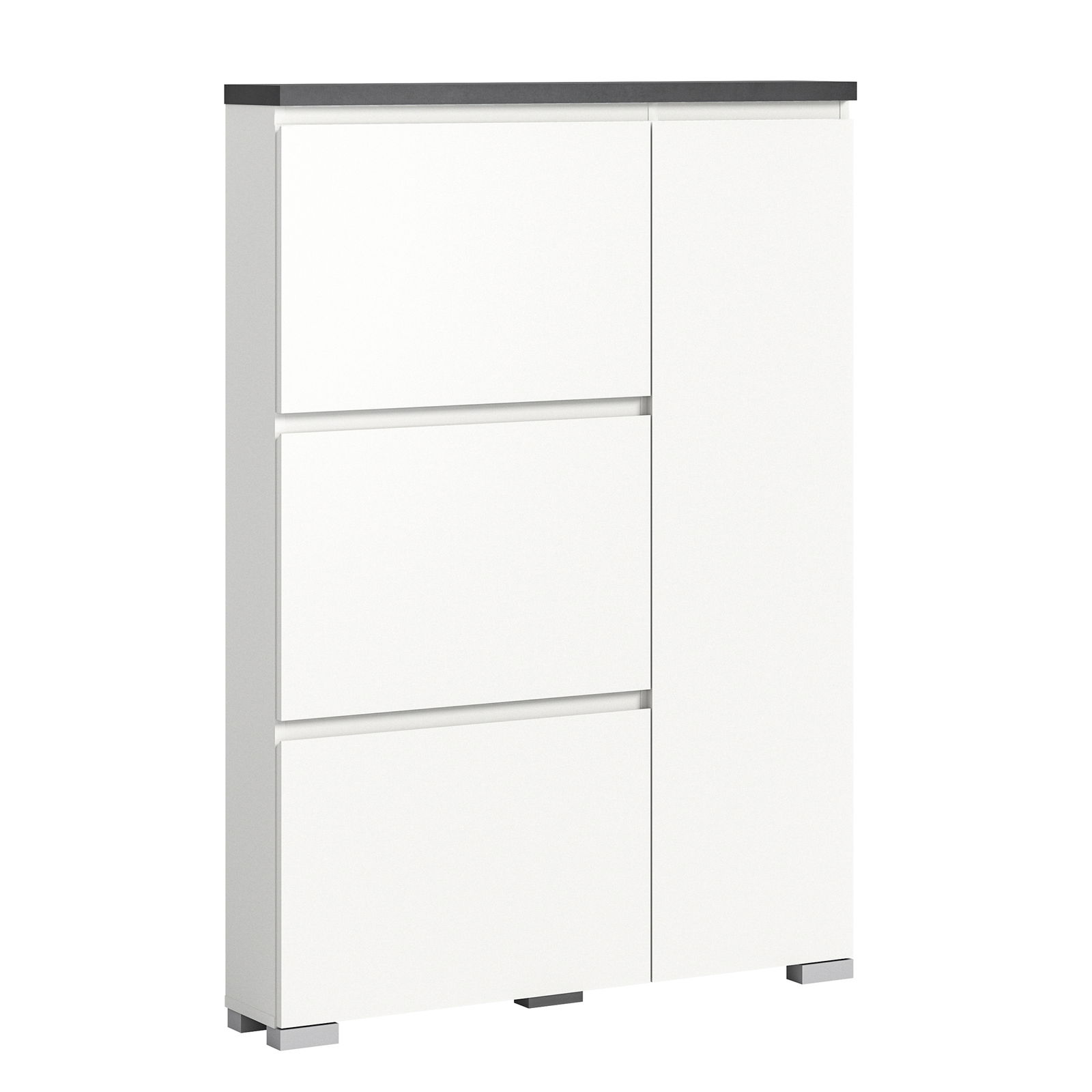 Moderner weißer Schuhschrank mit drei Schubladen und einer Tür, seitliche Perspektive