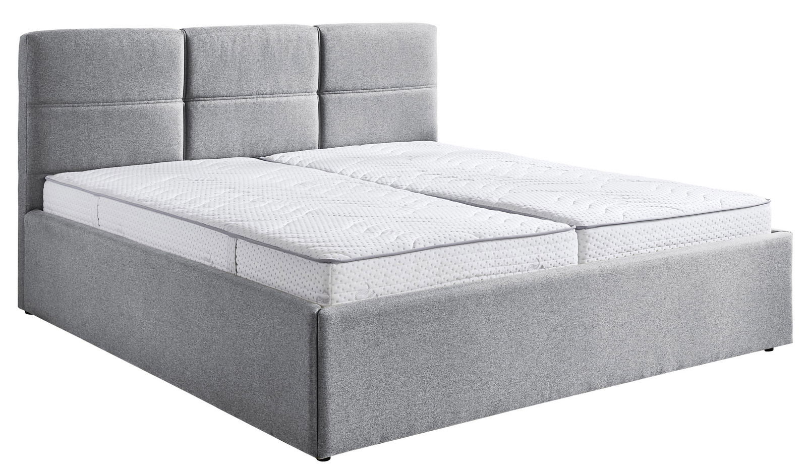 Graues Polsterbett 180x200 mit hohem Kopfteil, seitliche Perspektive