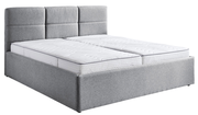 Graues Polsterbett 180x200 mit hohem Kopfteil, seitliche Perspektive