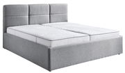 Graues Polsterbett 180x200 mit hohem Kopfteil, seitliche Perspektive