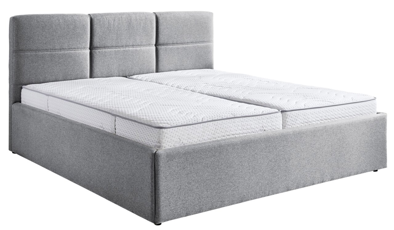 Graues Polsterbett 180x200 mit hohem Kopfteil, seitliche Perspektive