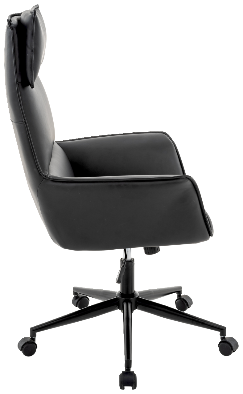 Schwarzer Chefsessel aus Leder, Seitenansicht, mit verstellbarer Rückenlehne und Rollen.