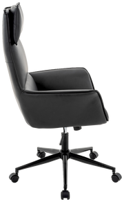 Schwarzer Chefsessel aus Leder, Seitenansicht, mit verstellbarer Rückenlehne und Rollen.