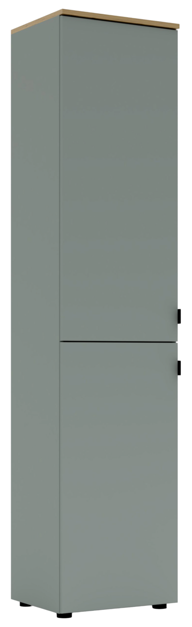 Grauer Büroschrank mit zwei Türen, seitliche Perspektive