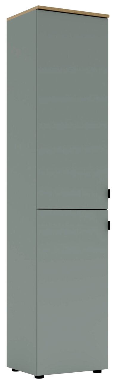 Grauer Büroschrank mit zwei Türen, seitliche Perspektive