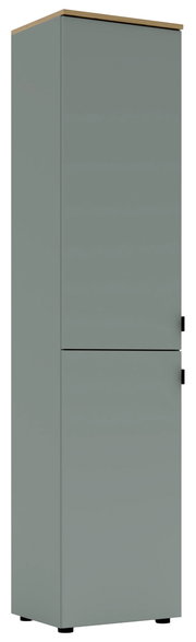 Grauer Büroschrank mit zwei Türen, seitliche Perspektive