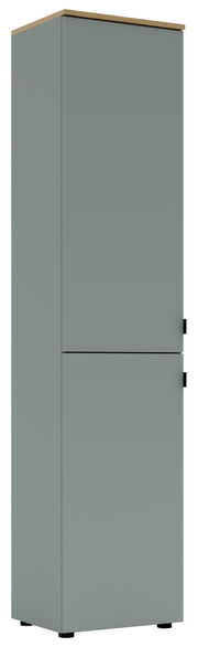 Grauer Büroschrank mit zwei Türen, seitliche Perspektive