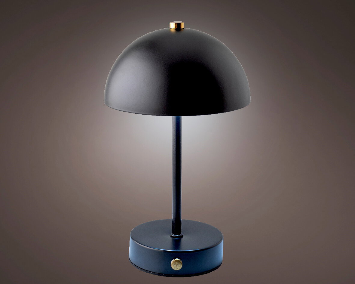 Schwarze LED Tischleuchte mit rundem Schirm und goldenen Akzenten, seitliche Perspektive