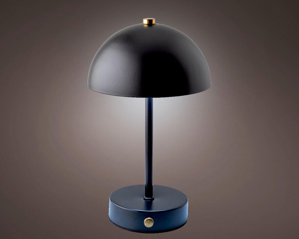 Schwarze LED Tischleuchte mit rundem Schirm und goldenen Akzenten, seitliche Perspektive