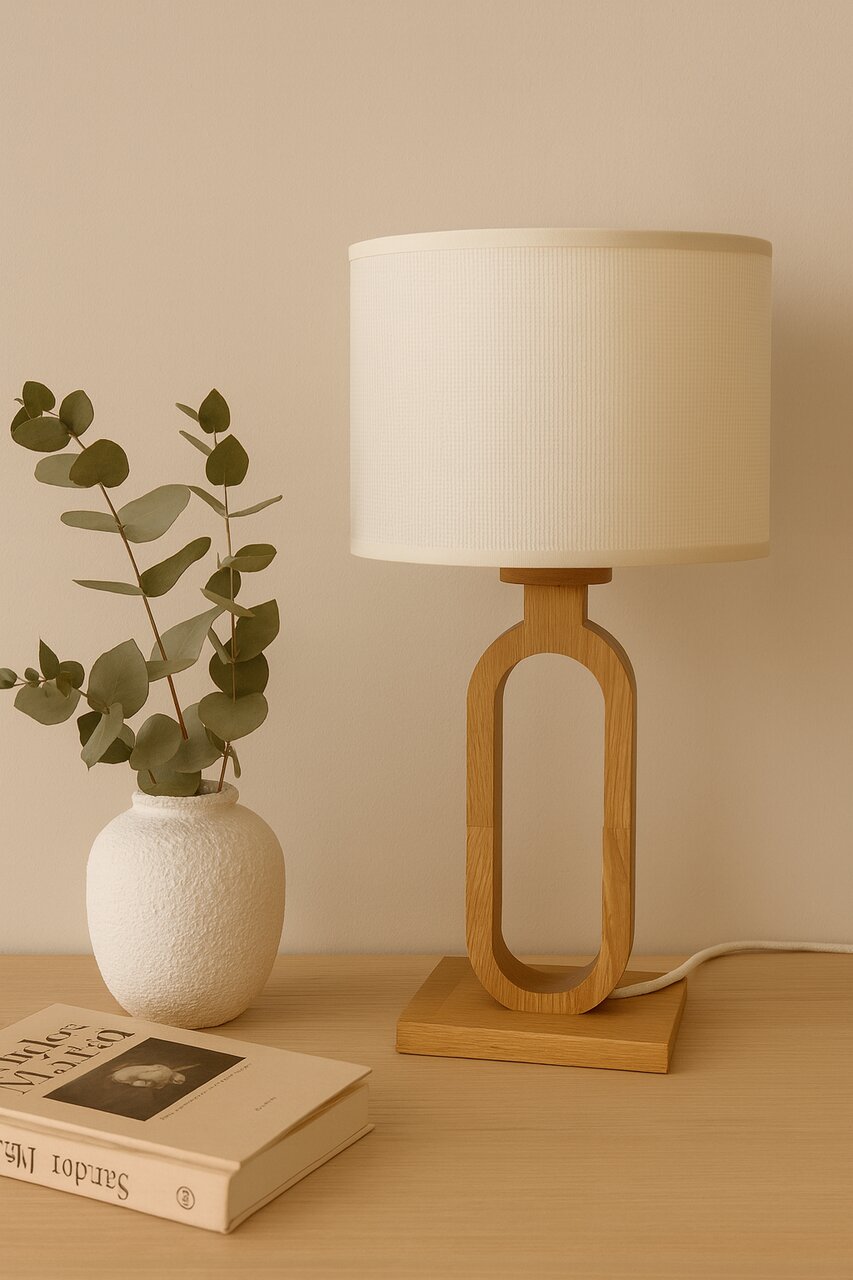 Moderne Tischleuchte mit ovalem Holzfuß und cremefarbenem Lampenschirm, seitliche Perspektive
