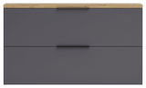 Moderner Hängeschuhschrank in dunklem Grau mit zwei Schubladen und einer Holzoberfläche, Frontalansicht.
