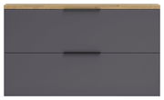 Moderner Hängeschuhschrank in dunklem Grau mit zwei Schubladen und einer Holzoberfläche, Frontalansicht.