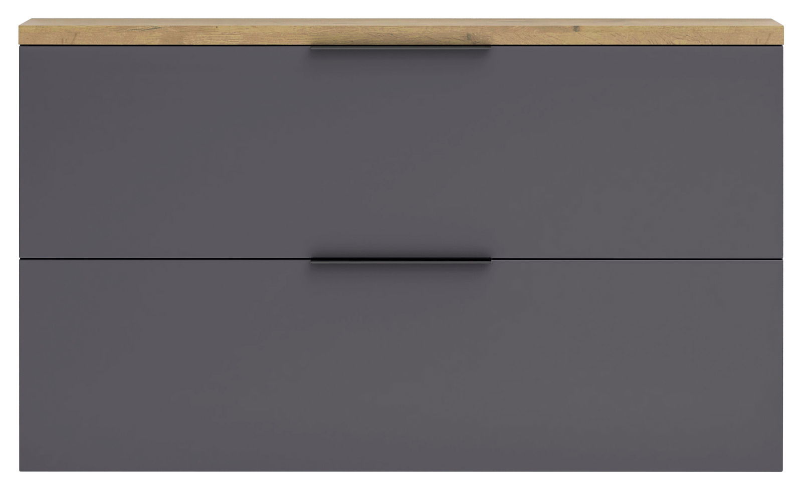 Moderner Hängeschuhschrank in dunklem Grau mit zwei Schubladen und einer Holzoberfläche, Frontalansicht.