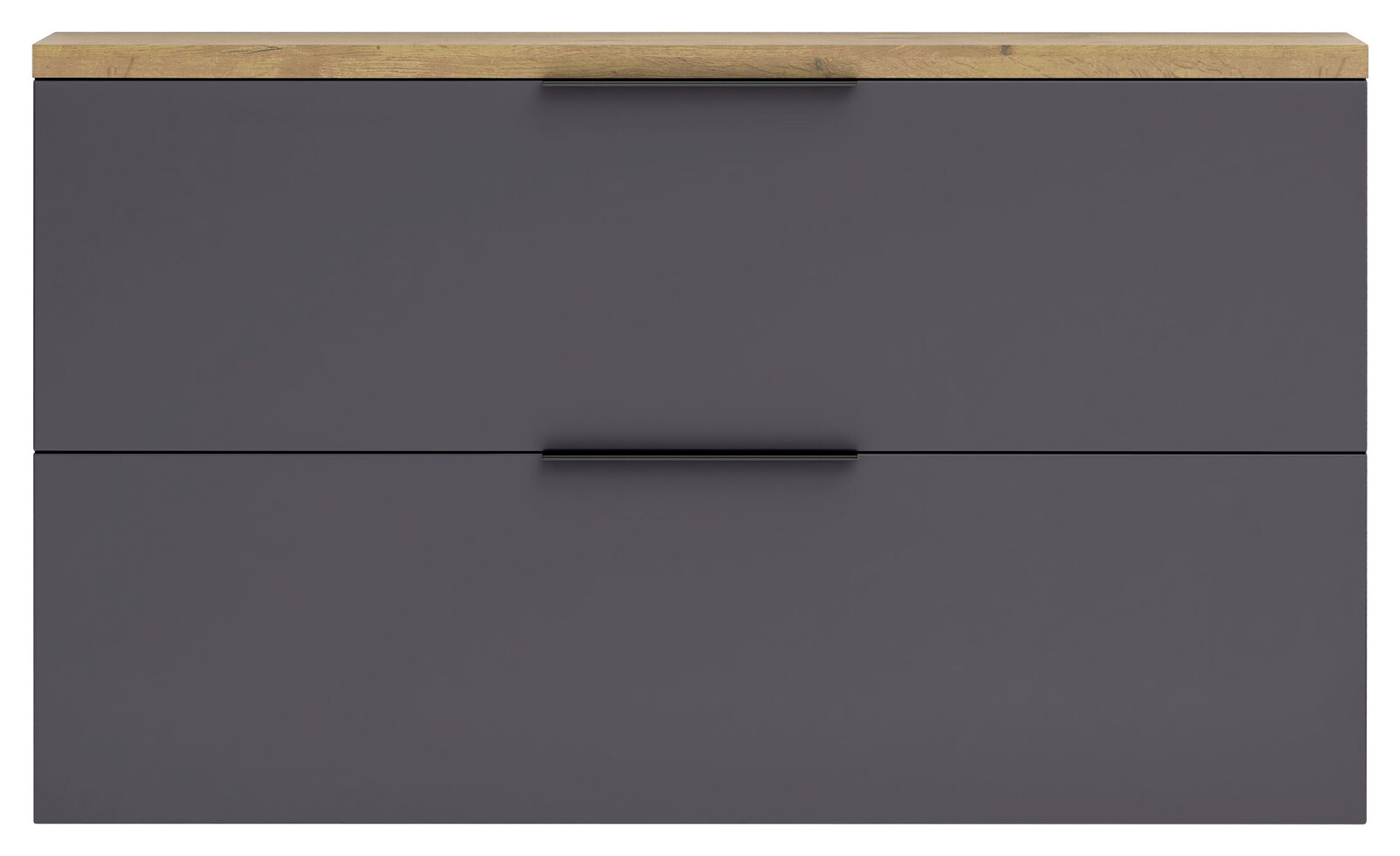 Moderner Hängeschuhschrank in dunklem Grau mit zwei Schubladen und einer Holzoberfläche, Frontalansicht.