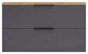 Moderner Hängeschuhschrank in dunklem Grau mit zwei Schubladen und einer Holzoberfläche, Frontalansicht.