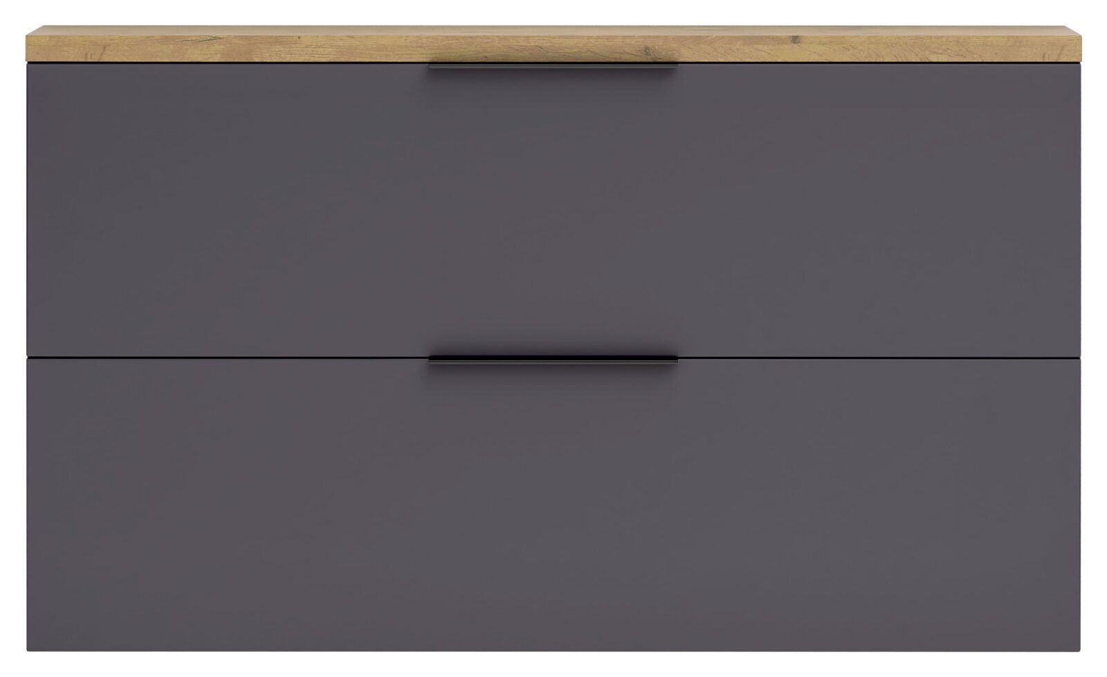 Moderner Hängeschuhschrank in dunklem Grau mit zwei Schubladen und einer Holzoberfläche, Frontalansicht.