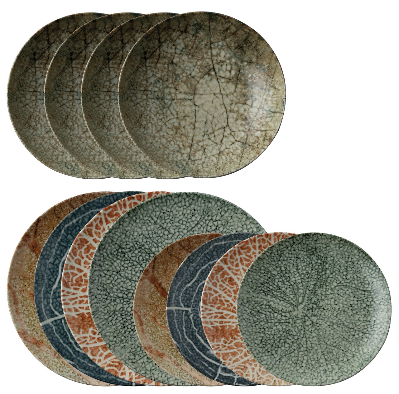 Arthur Krupp Tellerset Nature Essence 12-tlg. Vogelperspektive auf ein Tellerset 'Nature Essence' mit 12 Teilen in verschiedenen natürlichen Farben und Mustern.