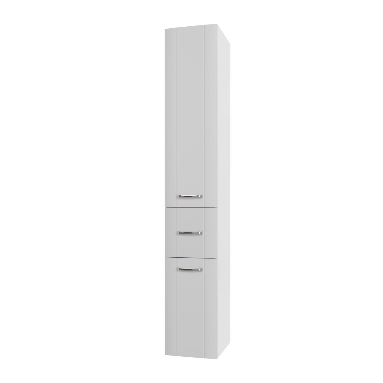 XORA Hoge kast SERIE 3006 Witte hoge kast met drie deuren en zilveren handgrepen, gezien vanaf de voorkant.