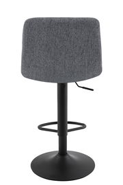 Rückansicht eines grauen Barhockers mit schwarzem Metallfuß und Fußstütze