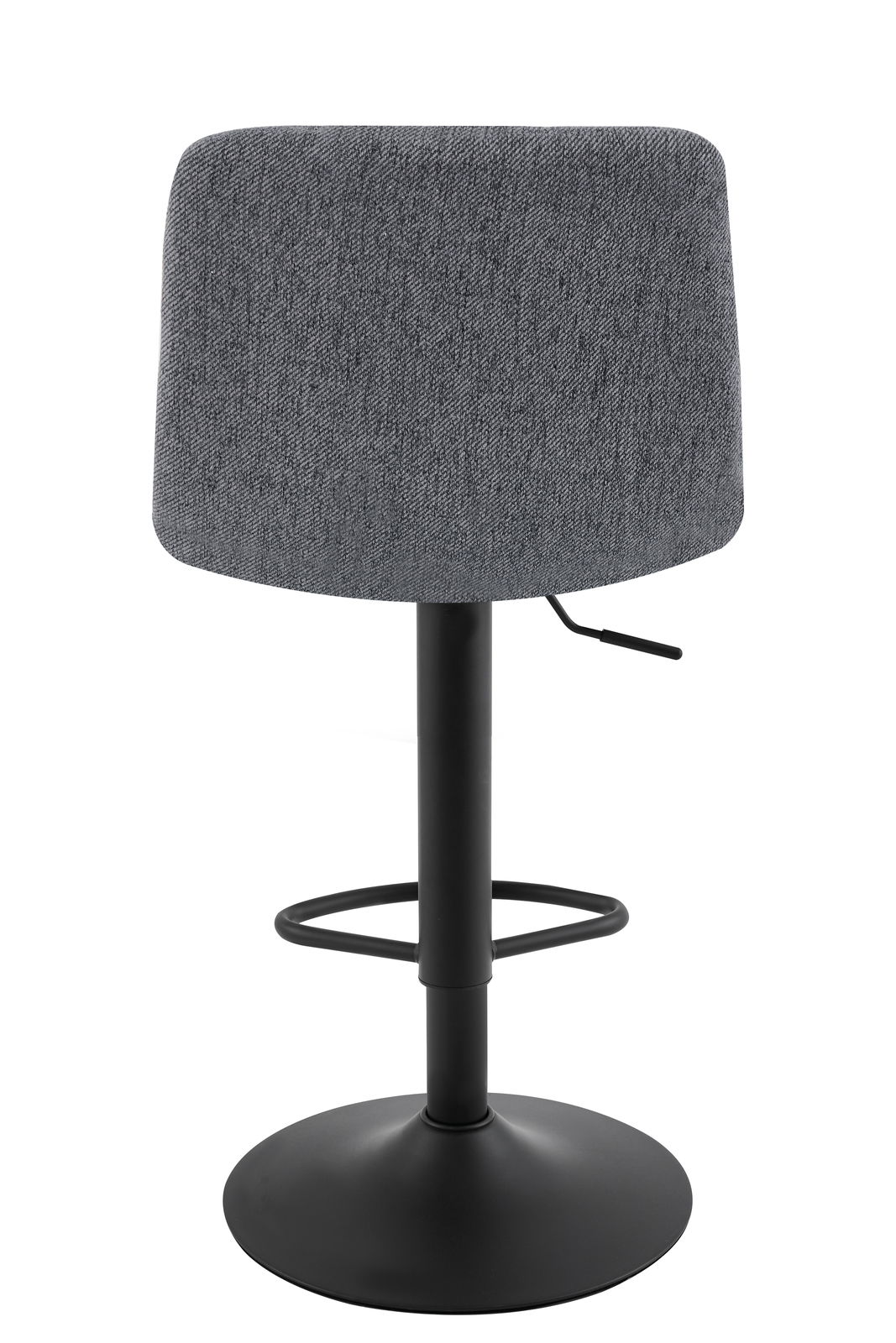 Rückansicht eines grauen Barhockers mit schwarzem Metallfuß und Fußstütze