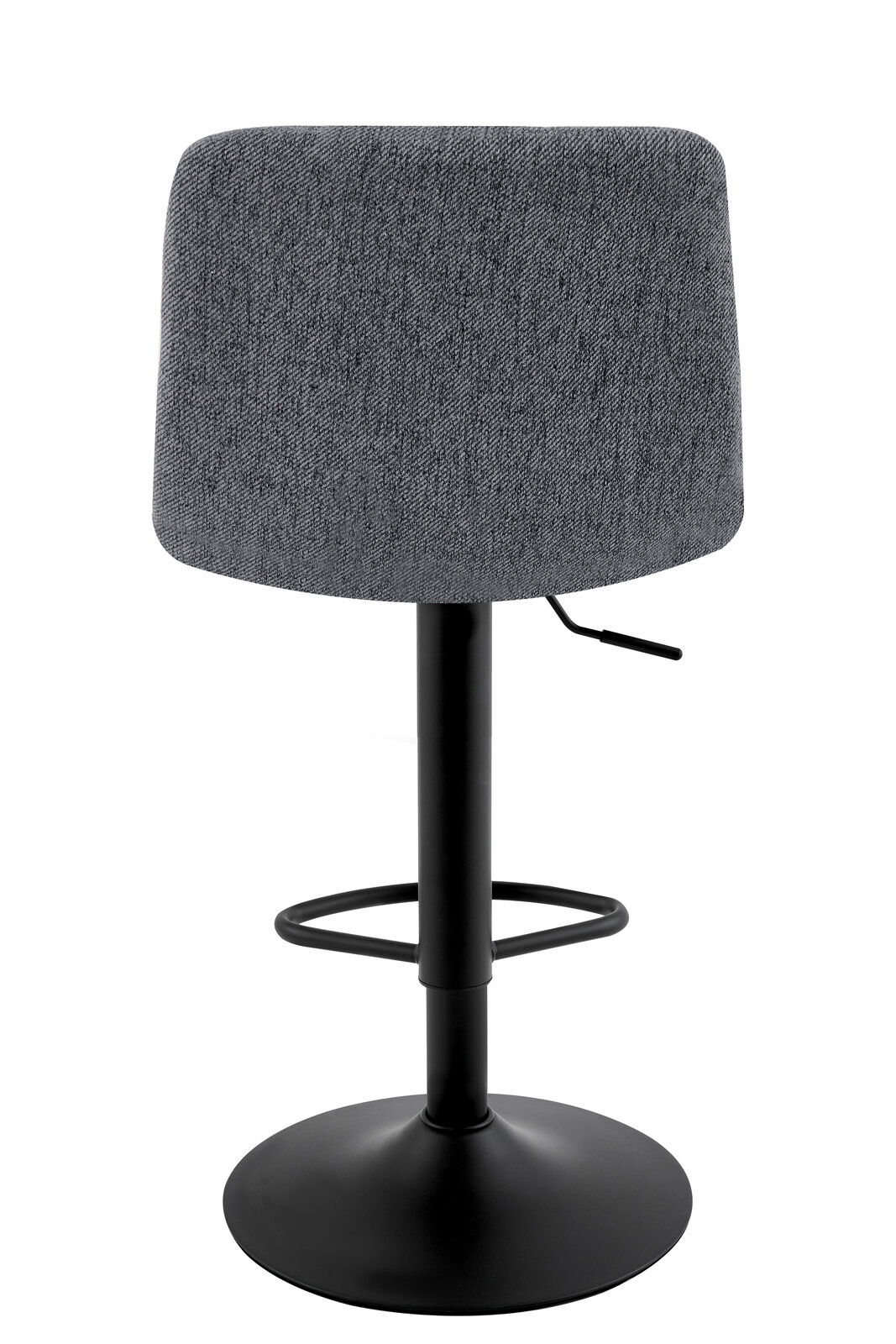 Rückansicht eines grauen Barhockers mit schwarzem Metallfuß und Fußstütze
