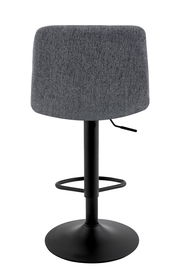 Rückansicht eines grauen Barhockers mit schwarzem Metallfuß und Fußstütze