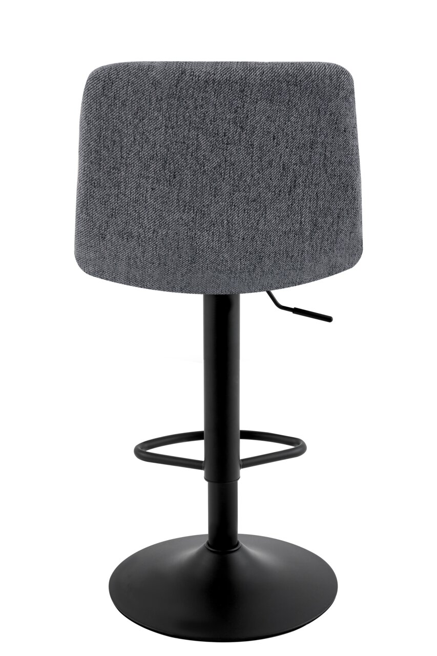Rückansicht eines grauen Barhockers mit schwarzem Metallfuß und Fußstütze