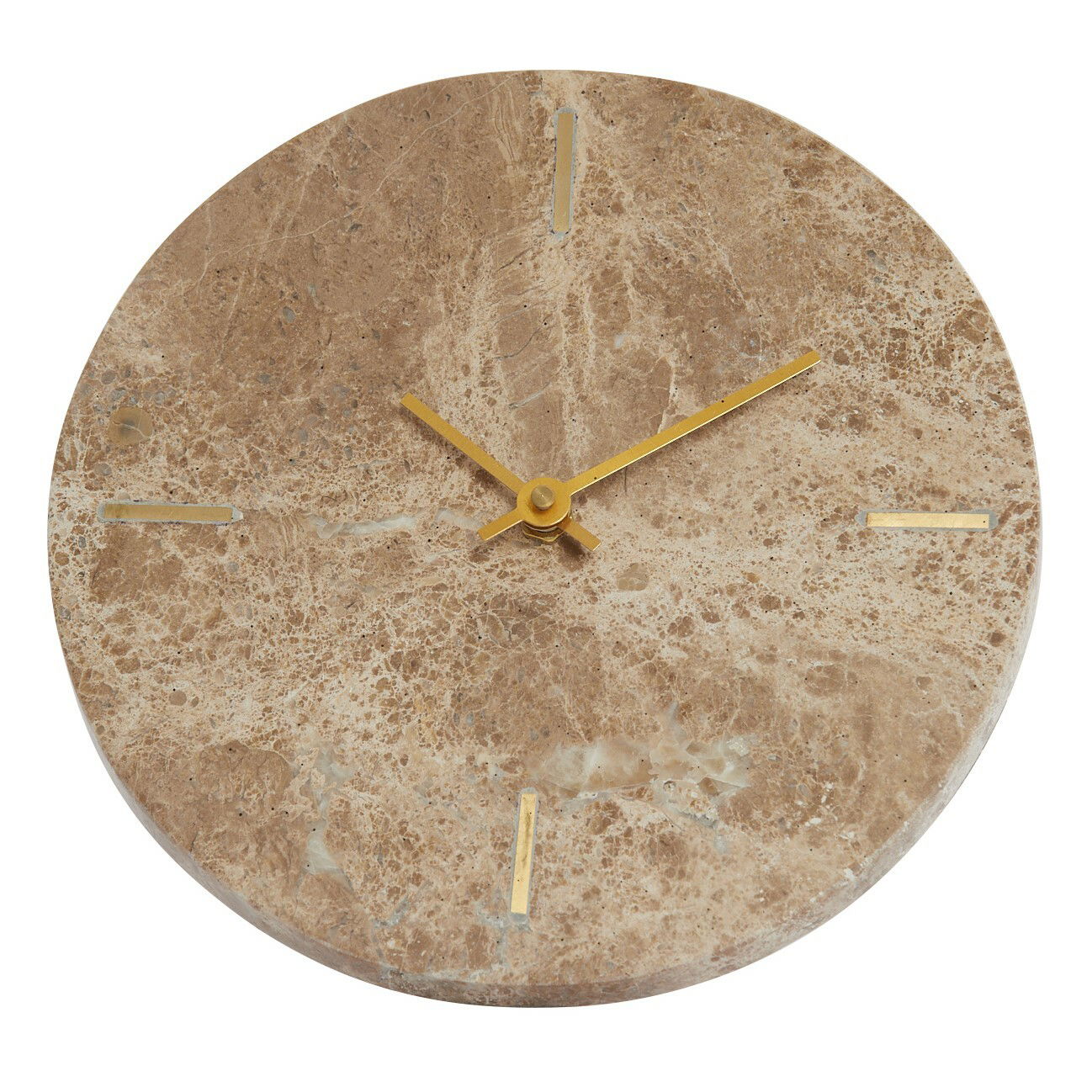 Runde Wanduhr aus braunem Marmor mit goldenen Zeigern und minimalistischen Markierungen, Draufsicht.