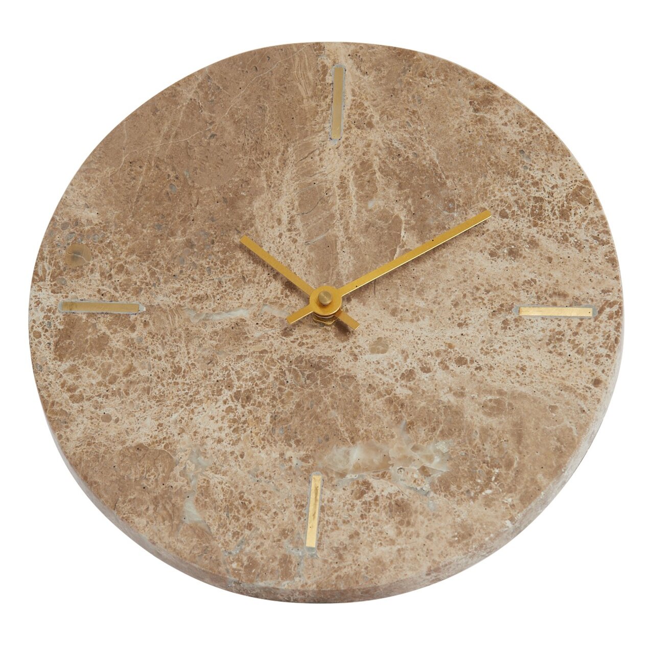 Ronde wandklok van bruin marmer met gouden wijzers en minimalistische markeringen, bovenaanzicht.