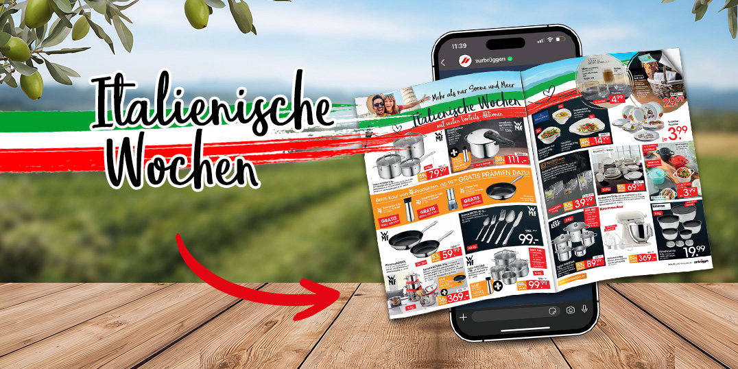 Italienische Wochen Prospekt auf Smartphone mit Kochgeschirr-Angeboten und italienischem Flair im Hintergrund