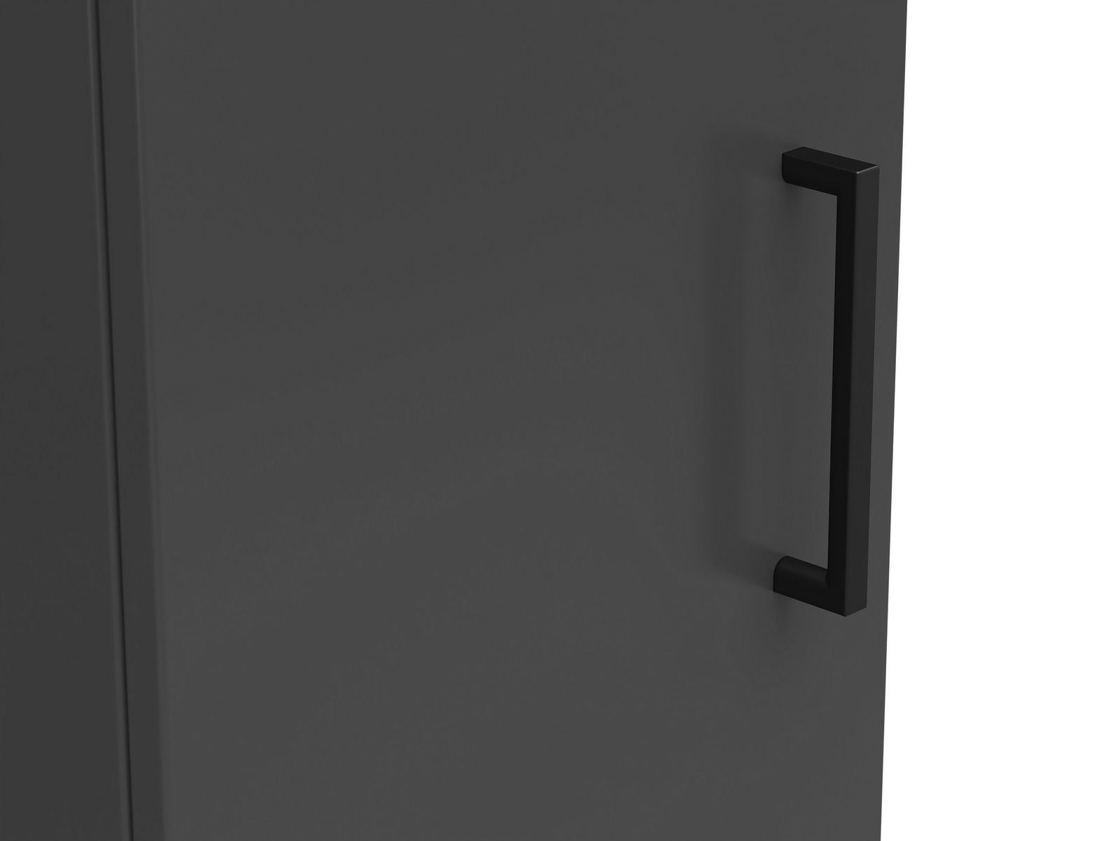 Nahaufnahme eines grauen Mehrzweckschranks mit schwarzem Griff, seitliche Perspektive