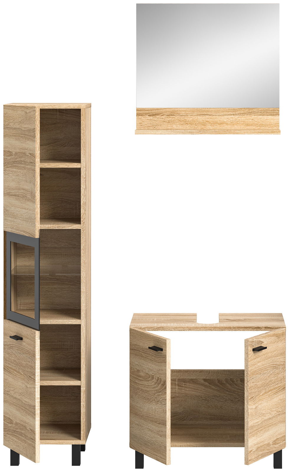Badkombination aus Holz in Eichenoptik, bestehend aus einem hohen Schrank mit Glastür, einem Waschbeckenunterschrank mit zwei Türen und einem Wandspiegel. Frontalansicht.