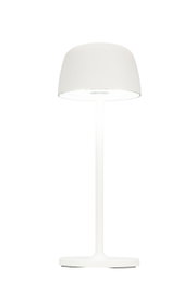 Weiße Akku-Tischleuchte in Frontalansicht mit schlichtem, modernem Design.