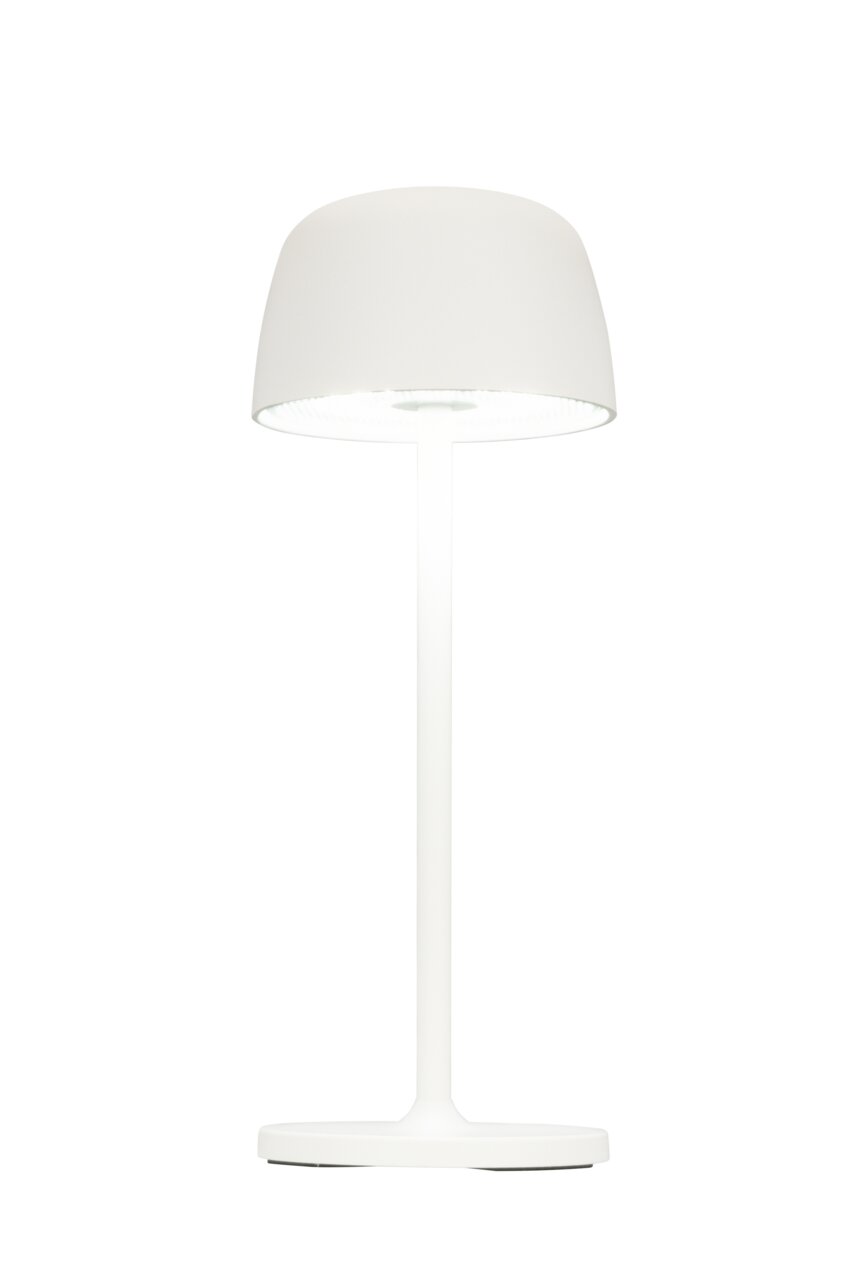 Weiße Akku-Tischleuchte in Frontalansicht mit schlichtem, modernem Design.
