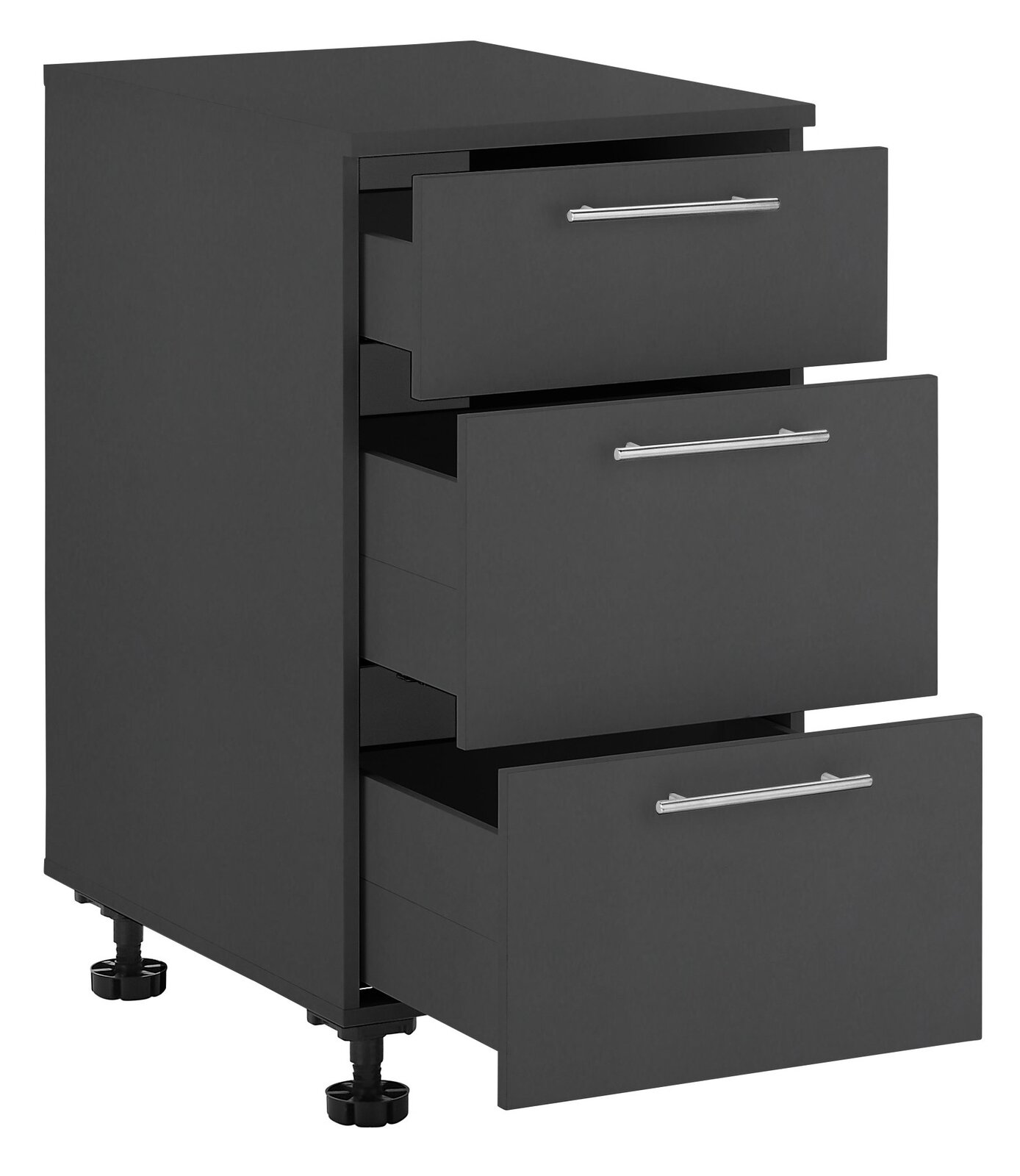XORA Unterschrank PRIMUS Schwarzer Unterschrank mit drei offenen Schubladen, seitliche Perspektive
