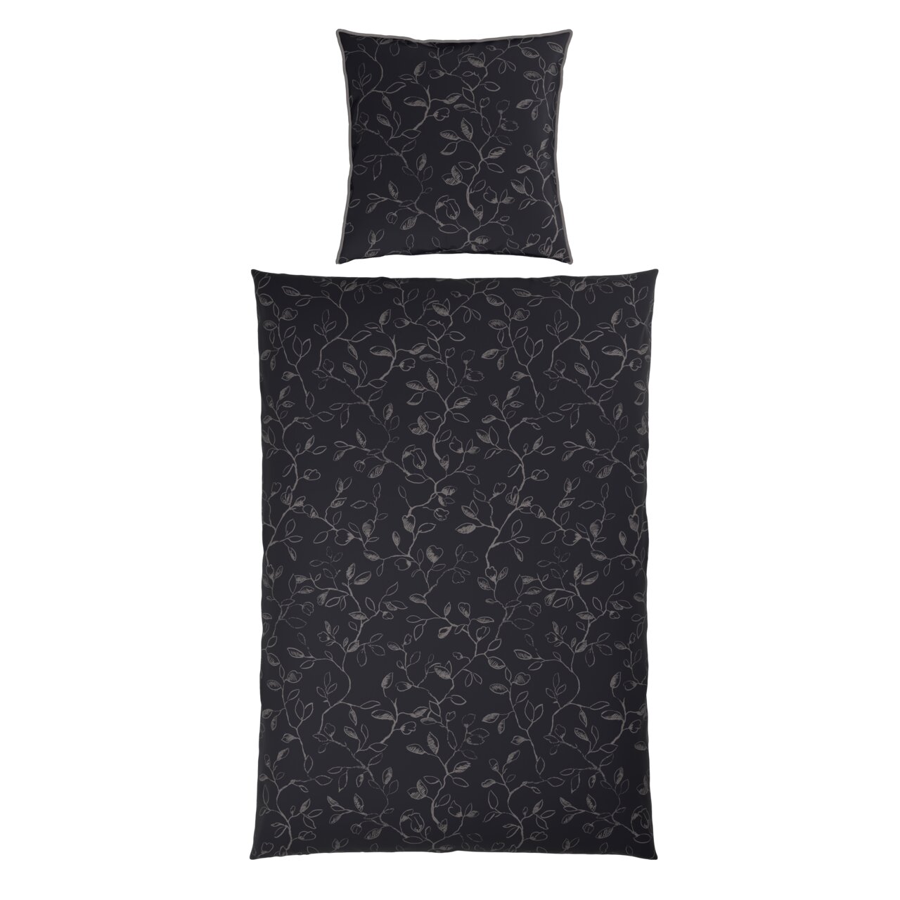 Dunkle Bettwäsche mit floralem Muster, Draufsicht