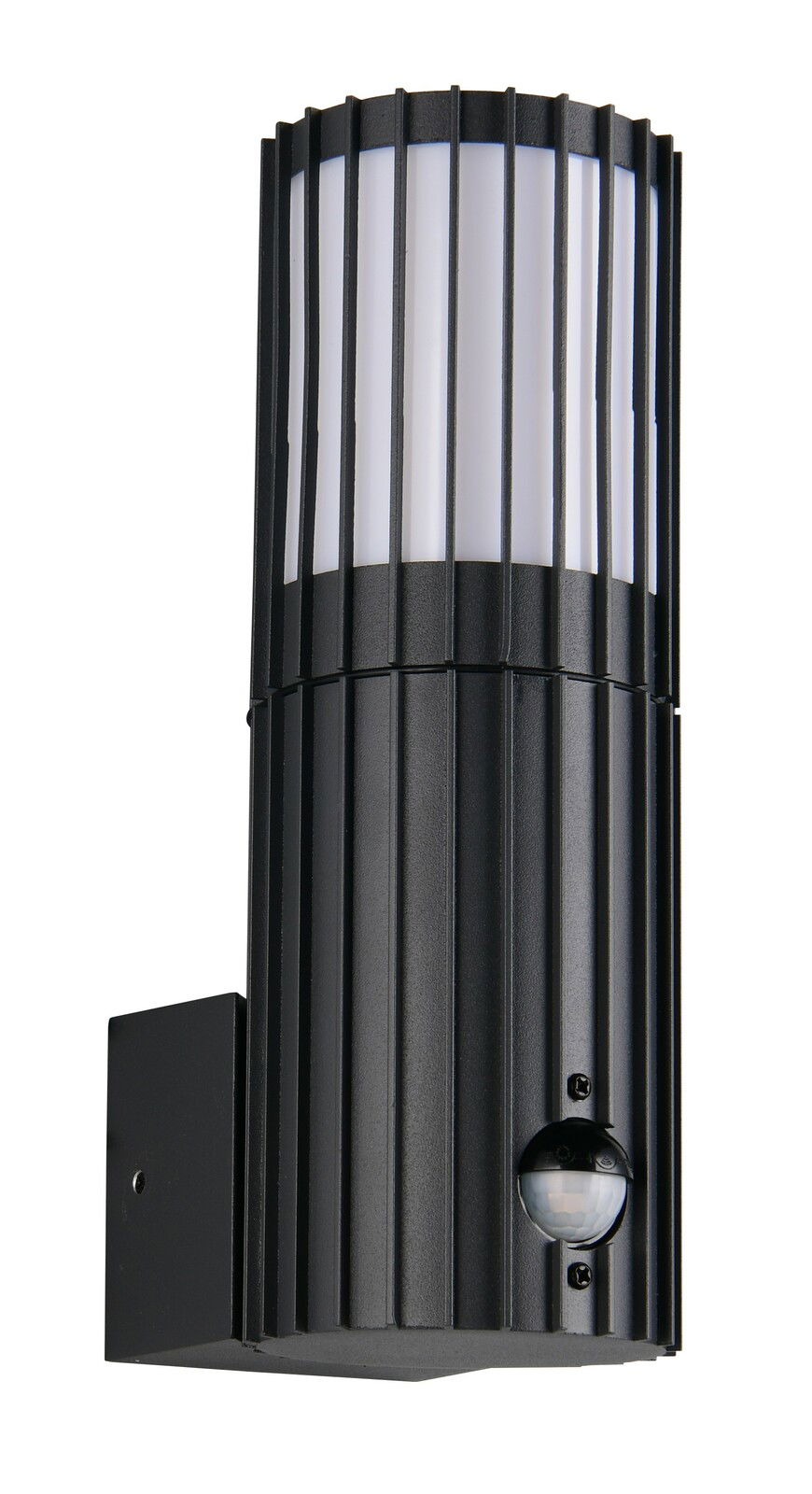 Moderne schwarze Außenwandleuchte mit vertikalen Streben und integriertem Sensor, seitliche Perspektive