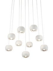 Moderne Pendelleuchte CANNON mit mehreren weißen Lampenschirmen, von unten betrachtet.