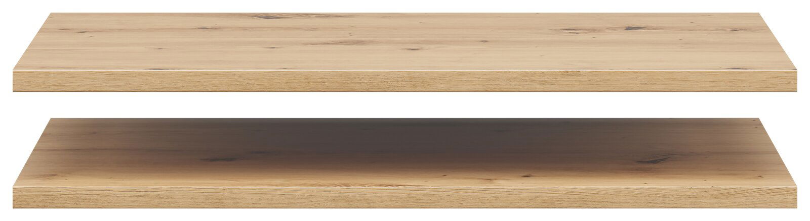 Zwei Holz-Einlegeböden in Eichenoptik, von der Seite betrachtet.