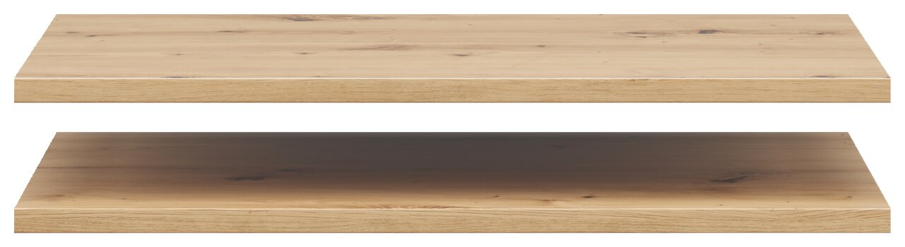 Zwei Holz-Einlegeböden in Eichenoptik, von der Seite betrachtet.