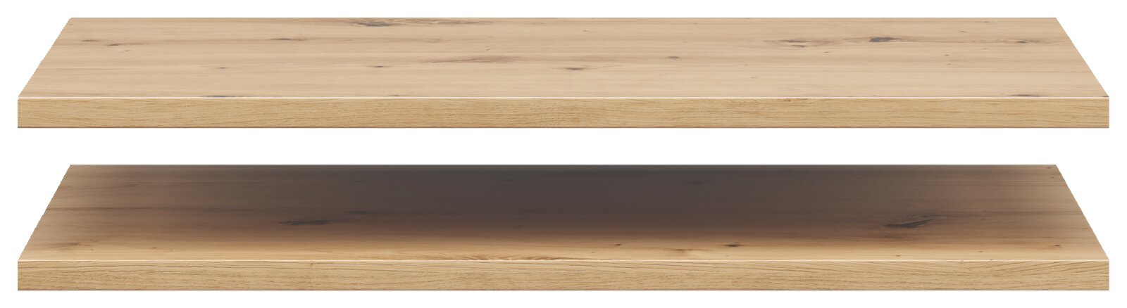 Zwei Holz-Einlegeböden in Eichenoptik, von der Seite betrachtet.