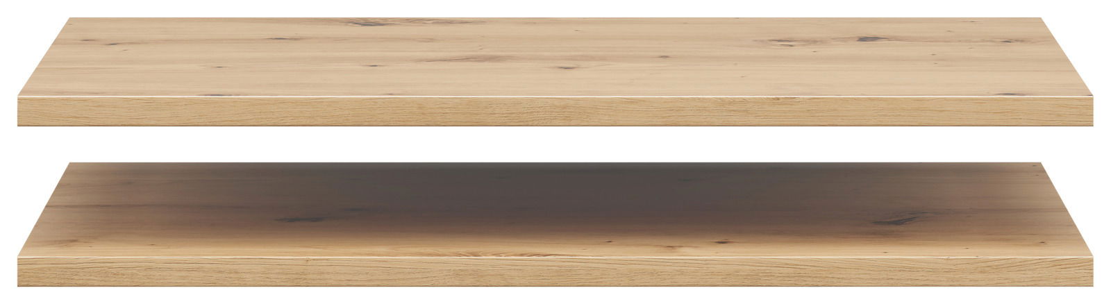 Zwei Holz-Einlegeböden in Eichenoptik, von der Seite betrachtet.