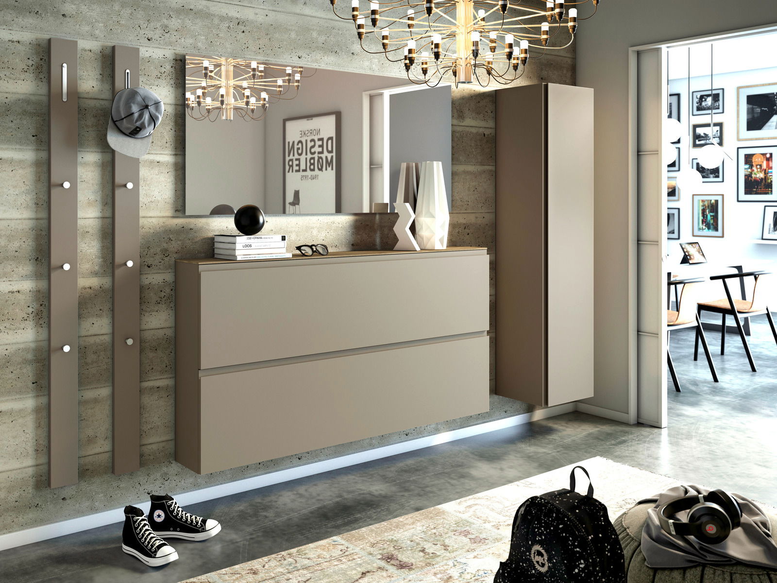 Moderano XL-hangkast voor schoenen LECCO Moderne Garderobeneinrichtung mit Spiegel, Hängeschuhschrank und Hakenleiste in einer stilvollen, urbanen Umgebung. Perspektive von vorne.