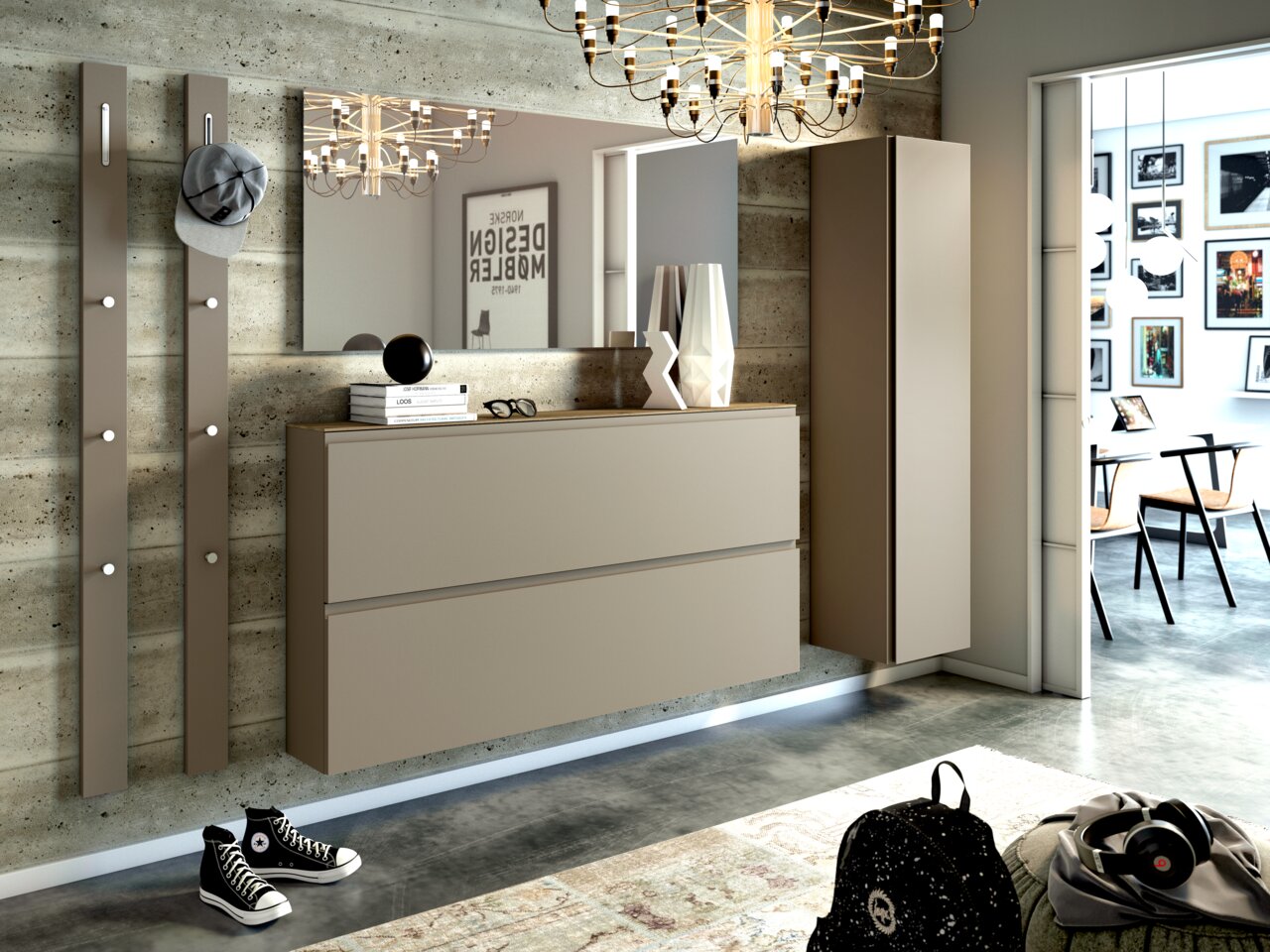 Moderano XL-Hängeschuhschrank LECCO Moderne Garderobeneinrichtung mit Spiegel, Hängeschuhschrank und Hakenleiste in einer stilvollen, urbanen Umgebung. Perspektive von vorne.