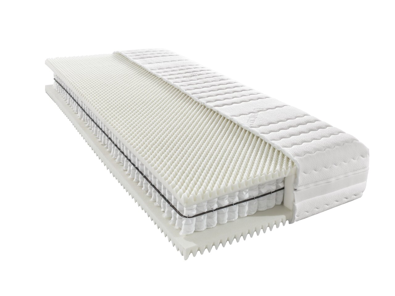 Novel Taschenfederkernmatratze H3 ORTHO STAR PLUS T Querschnitt einer Taschenfederkernmatratze H3 mit sichtbaren Schichten und Struktur, seitliche Perspektive