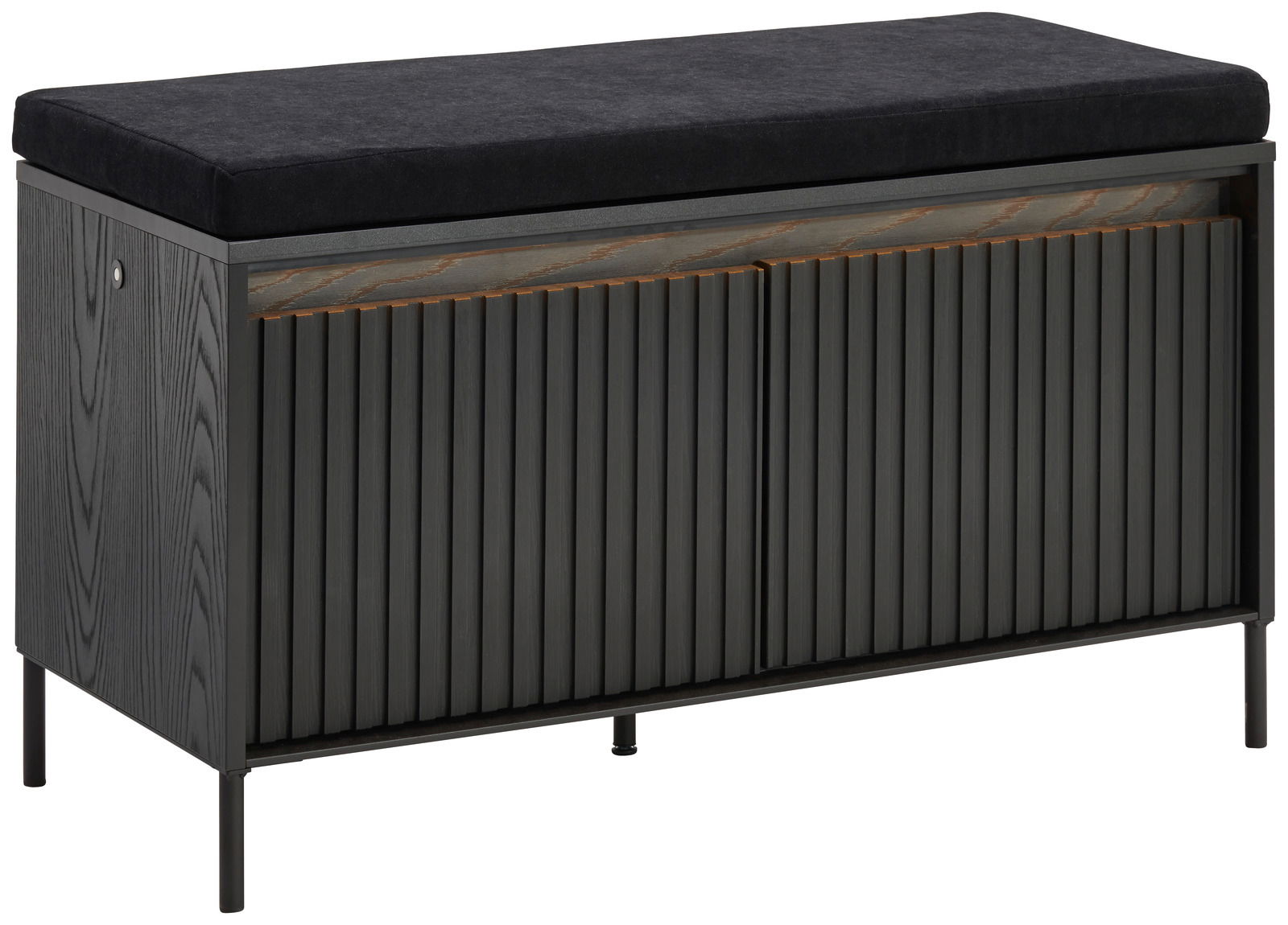 Hom´in Garderobenbank NOTO Schwarze Garderobenbank mit gepolstertem Sitz und vertikalen Lamellen, seitliche Perspektive