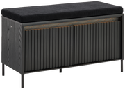 Schwarze Garderobenbank mit gepolstertem Sitz und vertikalen Lamellen, seitliche Perspektive