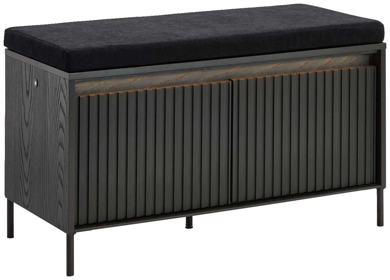 Schwarze Garderobenbank mit gepolstertem Sitz und vertikalen Lamellen, seitliche Perspektive